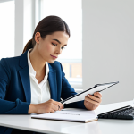 A professional female makeup artist, fully clothed in modest business casual attire, sitting at a clean, modern desk in a bright, minimalist studio office. She is deep in self-reflection and career planning, holding a pen and looking thoughtfully at notebooks and a digital tablet with charts. The scene is well-lit with natural light. professional photography, high-resolution, sharp focus, safe for work, appropriate content, perfect anatomy, correct proportions, natural pose, well-formed hands, proper finger count, natural body proportions, professional dress.