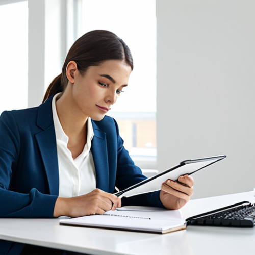 A professional female makeup artist, fully clothed in modest business casual attire, sitting at a clean, modern desk in a bright, minimalist studio office. She is deep in self-reflection and career planning, holding a pen and looking thoughtfully at notebooks and a digital tablet with charts. The scene is well-lit with natural light. professional photography, high-resolution, sharp focus, safe for work, appropriate content, perfect anatomy, correct proportions, natural pose, well-formed hands, proper finger count, natural body proportions, professional dress.