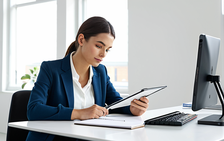 A professional female makeup artist, fully clothed in modest business casual attire, sitting at a clean, modern desk in a bright, minimalist studio office. She is deep in self-reflection and career planning, holding a pen and looking thoughtfully at notebooks and a digital tablet with charts. The scene is well-lit with natural light. professional photography, high-resolution, sharp focus, safe for work, appropriate content, perfect anatomy, correct proportions, natural pose, well-formed hands, proper finger count, natural body proportions, professional dress.