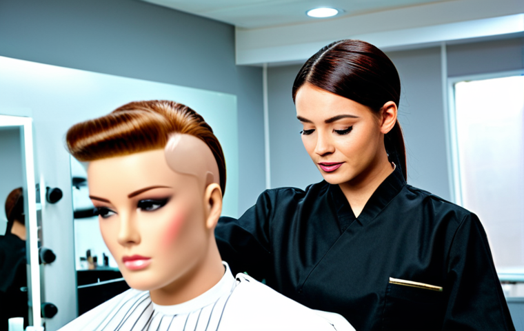 **

"A professional cosmetology student in a clean, modest uniform, carefully practicing a haircut on a mannequin head. Modern salon environment, bright lighting, focus on precision and technique. Fully clothed, appropriate content, safe for work, perfect anatomy (mannequin), professional, high quality, natural proportions."

**
