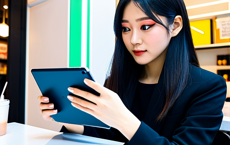 試験対策と最新トレンド (Test Preparation & Latest Trends)**

Prompt: A young Japanese woman, fully clothed in stylish, modern street fashion, studying makeup techniques from a digital tablet. Background: A brightly lit, trendy café in Shibuya, Tokyo. Focus is on her confident expression and the tablet displaying makeup tutorials. Perfect anatomy, well-formed hands, natural pose, safe for work, appropriate content, fully clothed, professional, family-friendly, high quality, digital illustration.

**
