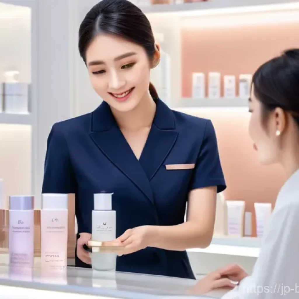 피부 미용사의 하루 일과 - **"A compassionate Japanese beauty advisor, dressed in a pristine, elegant brand uniform, is engaged...