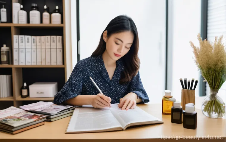 피부 미용사의 하루 일과 - **"A compassionate Japanese beauty advisor, dressed in a pristine, elegant brand uniform, is engaged...