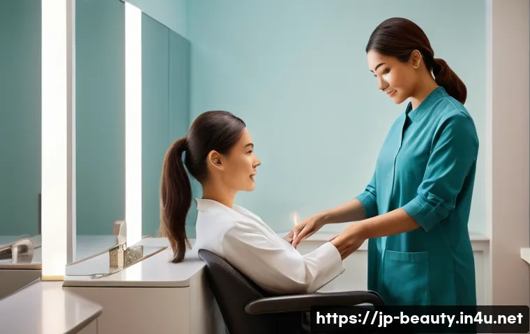 피부 미용사의 윤리와 직업적 태도 - **Prompt:** A serene and empathetic beauty therapist, dressed in a clean, professional uniform, gent...
