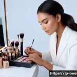 메이크업 아티스트 실무 사례 - A professional makeup artist in a modern studio setting, quickly adapting to a sudden schedule chang...