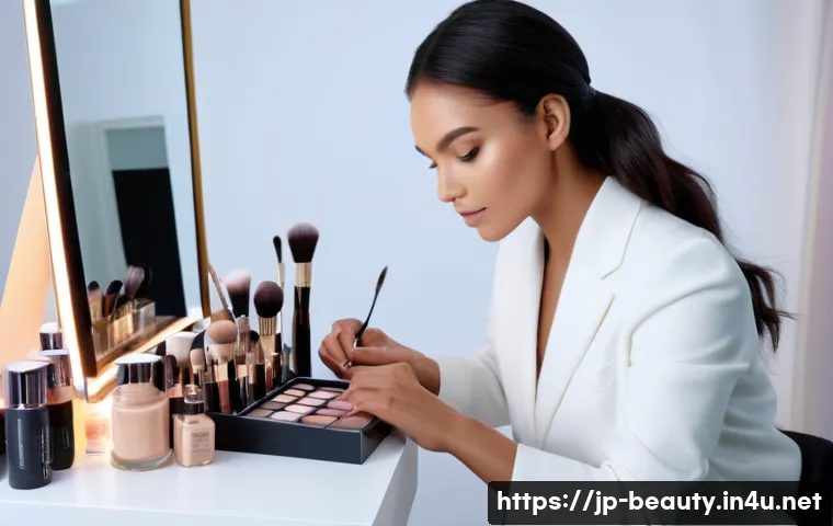 메이크업 아티스트 실무 사례 - A professional makeup artist in a modern studio setting, quickly adapting to a sudden schedule chang...