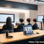 미용사 자격증 학습 커뮤니티 활용법 - A modern Japanese hairstylist classroom scene with young adults in casual clothing attentively watch...