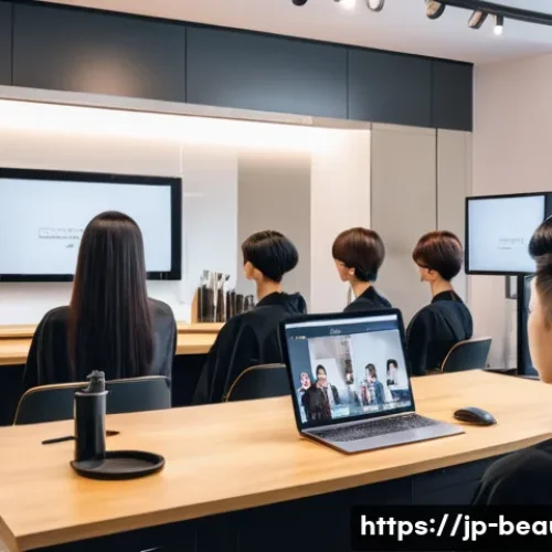 미용사 자격증 학습 커뮤니티 활용법 - A modern Japanese hairstylist classroom scene with young adults in casual clothing attentively watch...