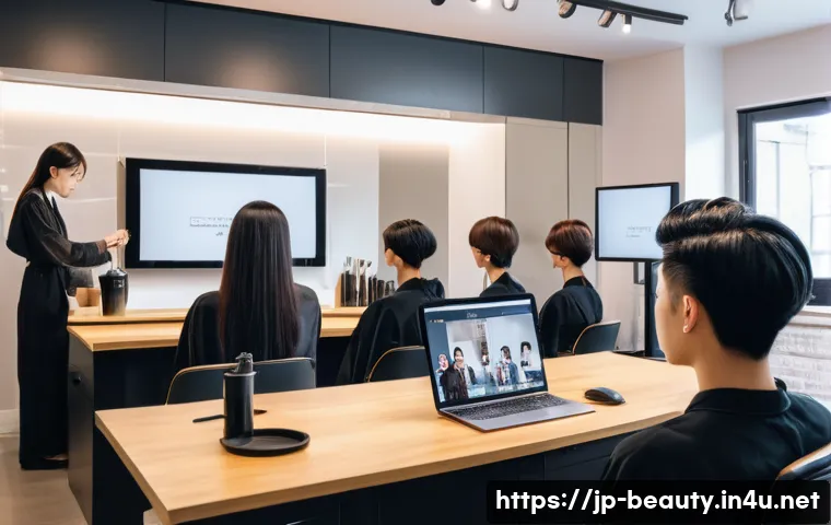 미용사 자격증 학습 커뮤니티 활용법 - A modern Japanese hairstylist classroom scene with young adults in casual clothing attentively watch...