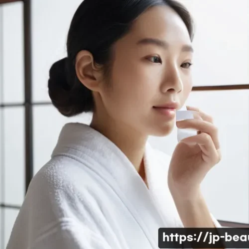 피부 미용사가 알아야 할 화장품 성분 - A serene skincare scene featuring a young Japanese woman with clear, hydrated skin gently applying a...