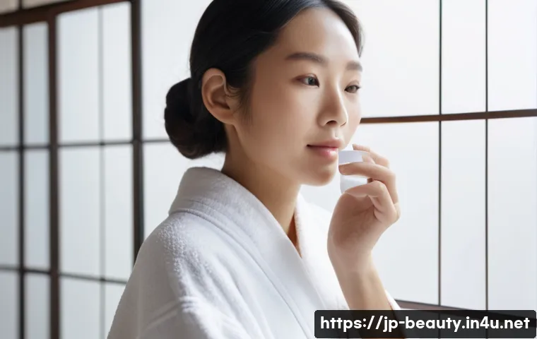 피부 미용사가 알아야 할 화장품 성분 - A serene skincare scene featuring a young Japanese woman with clear, hydrated skin gently applying a...