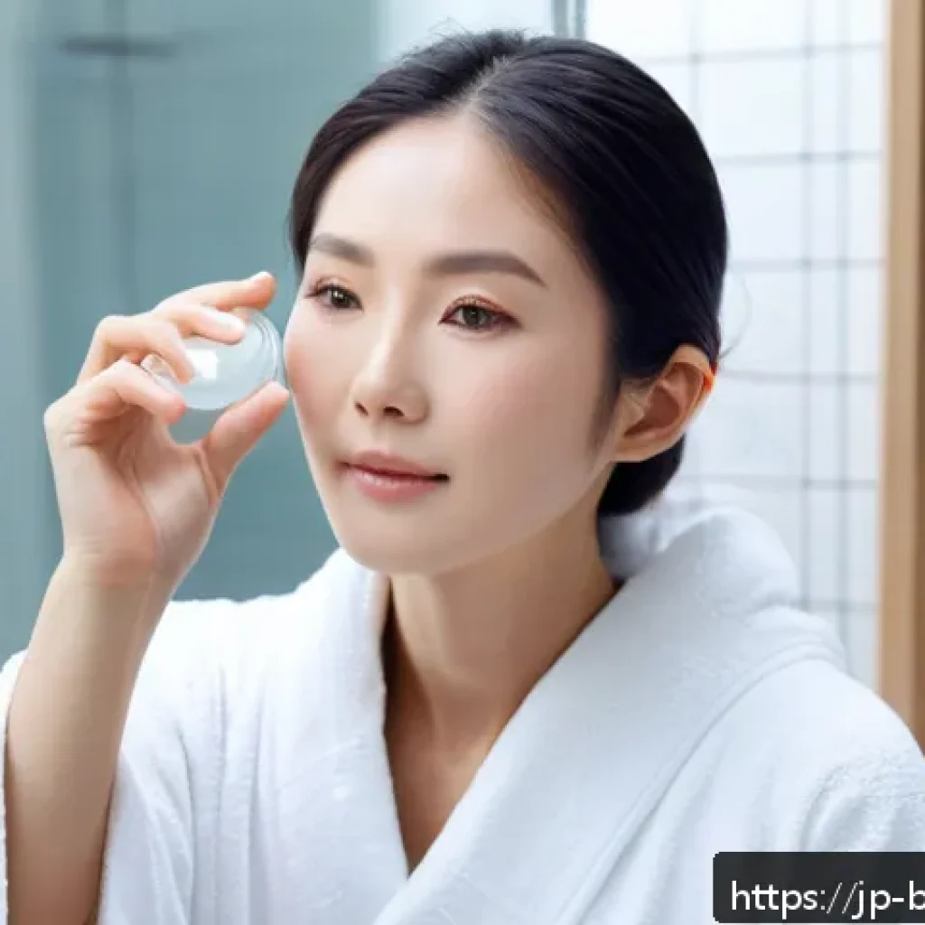 피부 미용 분야 논문과 리서치 활용 - A serene Japanese woman with flawless skin gently applying a lightweight vitamin C derivative serum ...