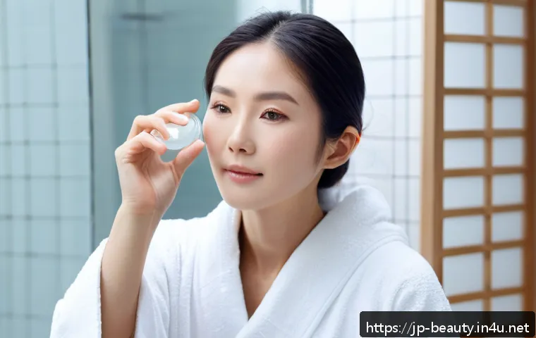 피부 미용 분야 논문과 리서치 활용 - A serene Japanese woman with flawless skin gently applying a lightweight vitamin C derivative serum ...